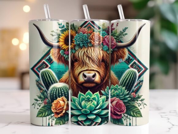 Boho Highland Cow Western Tumbler Wrap Graphics