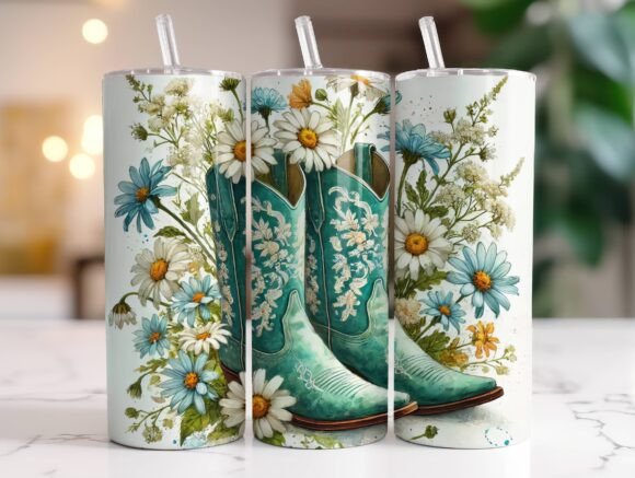 Floral Cowgirl Boots Tumbler Wrap Graphics