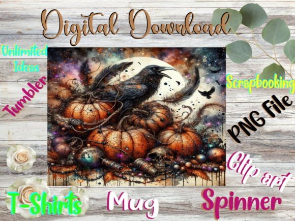 Halloween Crow and Pumpkins Graphics for Tumbler Wraps