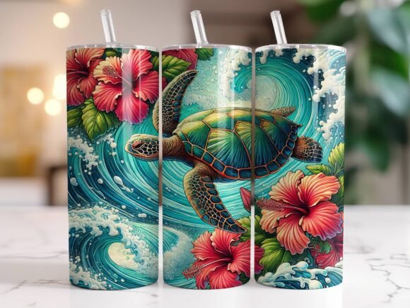 Sea Turtle Floral Tumbler Wrap PNG Graphics