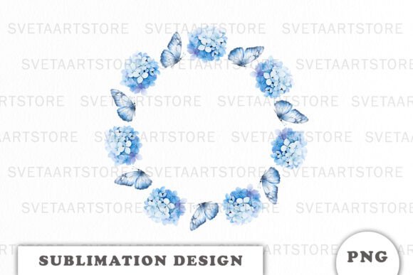 Watercolor Blue Hydrangea Wreath PNG: Graphics & Illustrations for Editorial Use